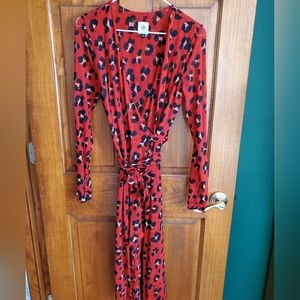 Cabi Vivien Siren wrap dress, 5771, animal pattern, red blue and beige, size xs.